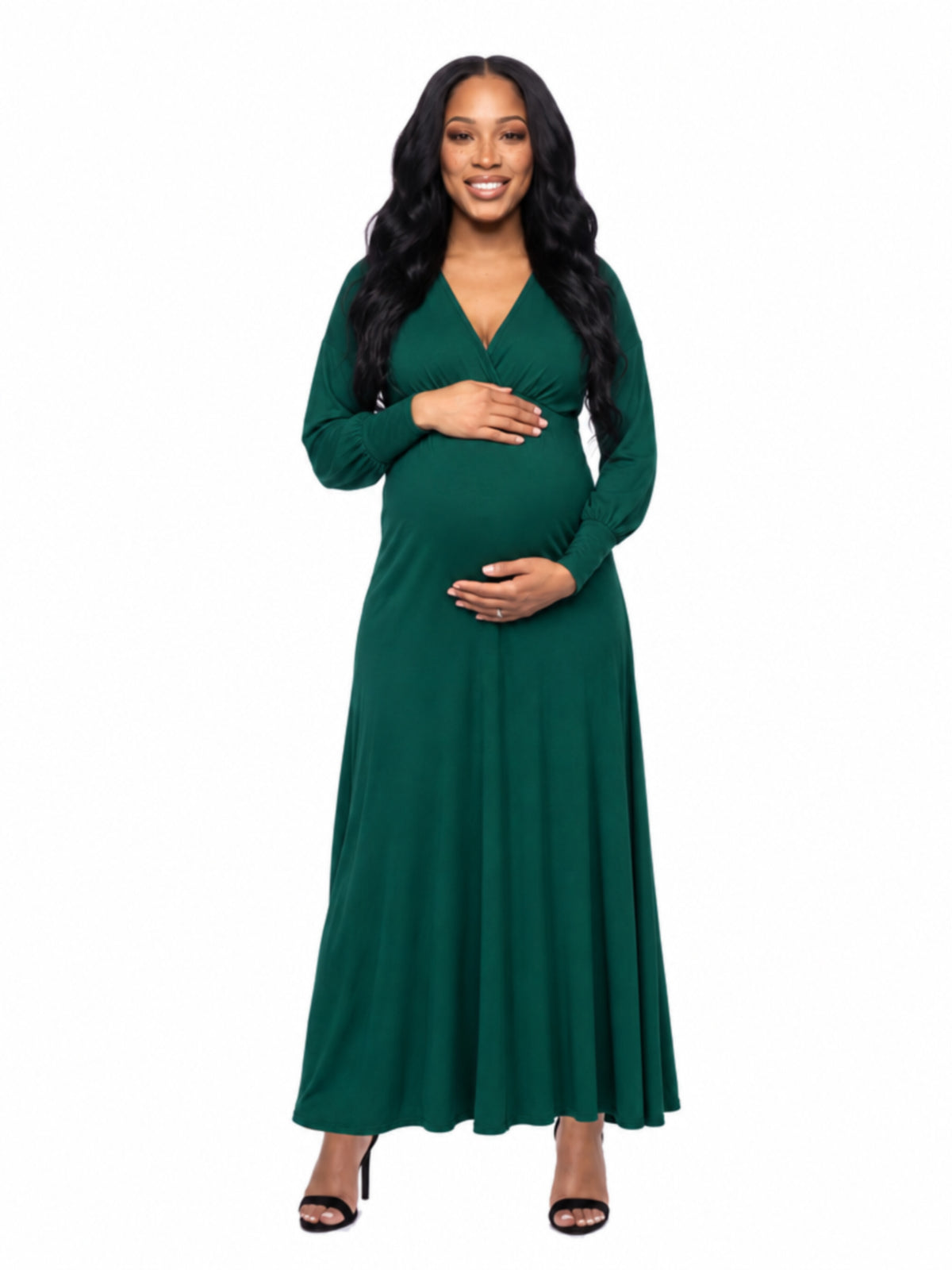 24seven Comfort Elevate Maternity V Neck Empire Waist Long Bishop Sleeve Maxi Dress