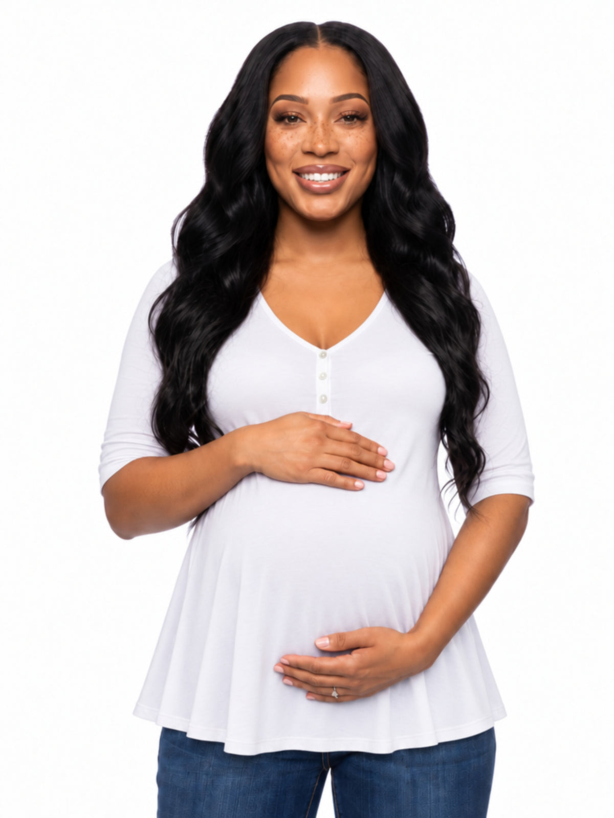 24seven Comfort Basic Maternity V Neck Elbow Sleeve Flared Henley Style Tunic Top