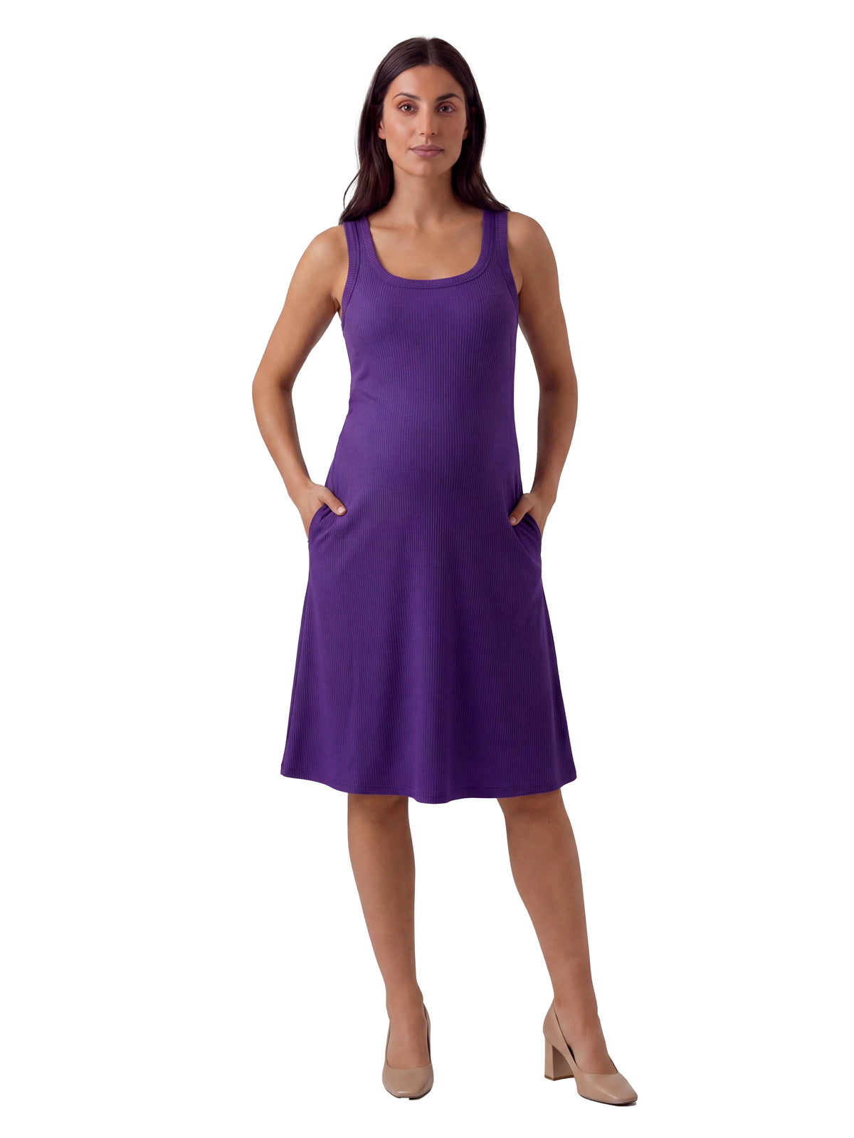 24seven Comfort Essential Maternity Ribbed Knit Sleeveless Scoop Neck Pocket A Line Midi Dress