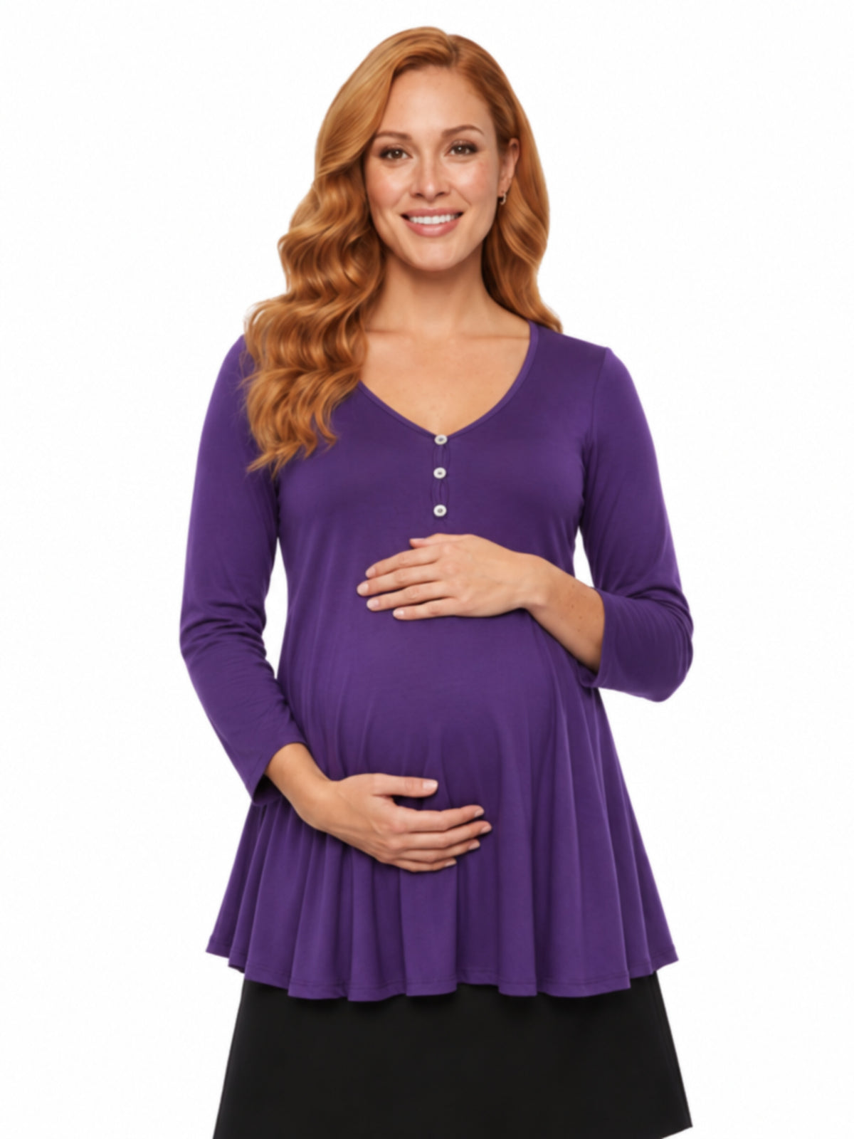 24seven Comfort Basic Maternity V Neck Long Sleeve Soft Flare Henley Style Tunic Top