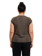 24seven Comfort Elevate Curvy Cap Sleeve Asymmetrical Boat Neck With Gold Shoulder Brooch Top