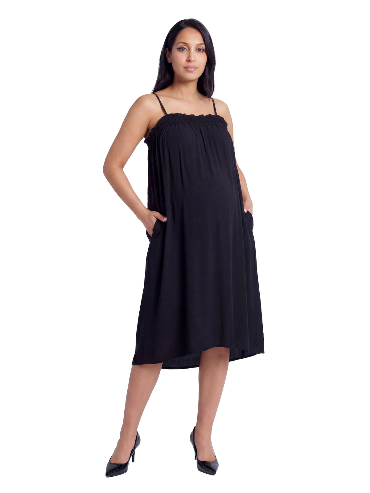 24seven Comfort Essential Maternity Spaghetti Strap Smocked Pocket A Line Maxi Dress