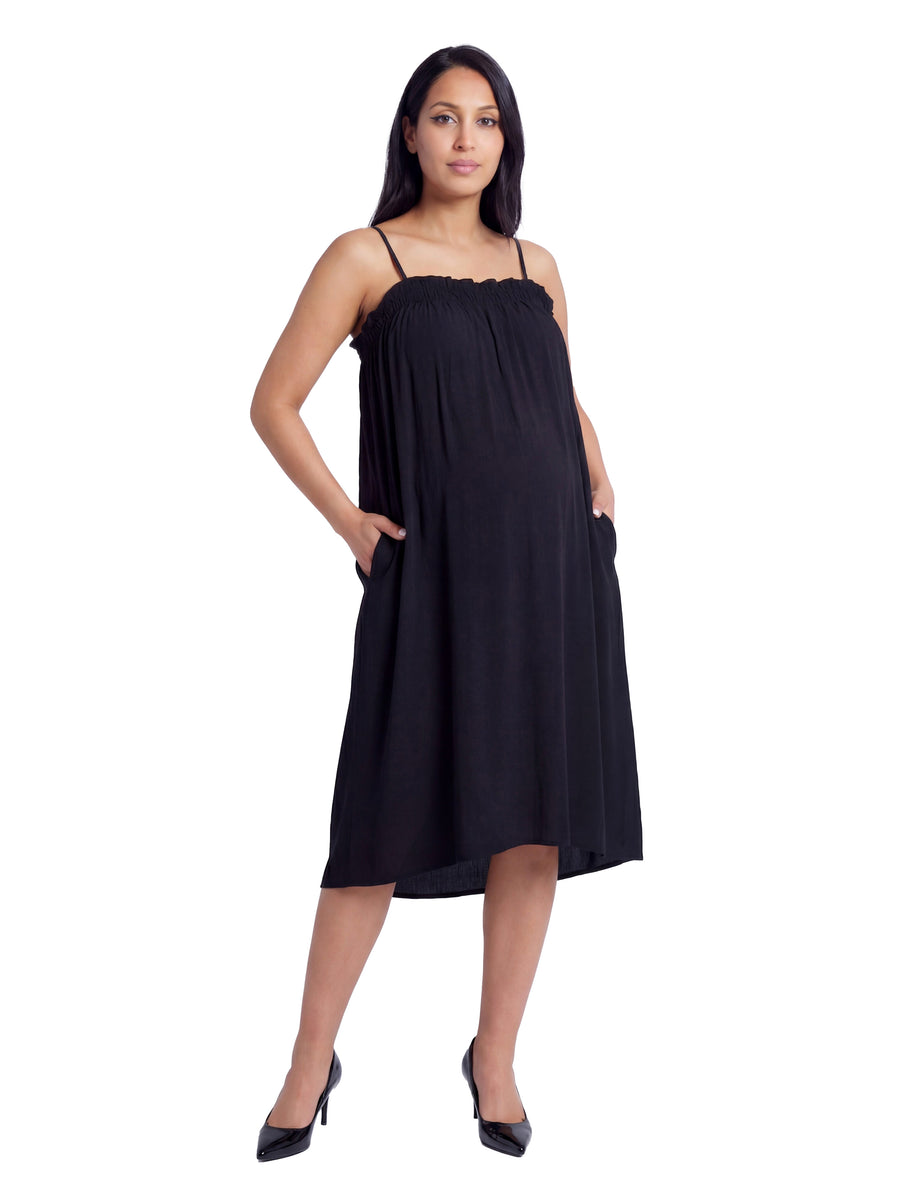24seven Comfort Essential Maternity Spaghetti Strap Smocked Pocket A Line Maxi Dress