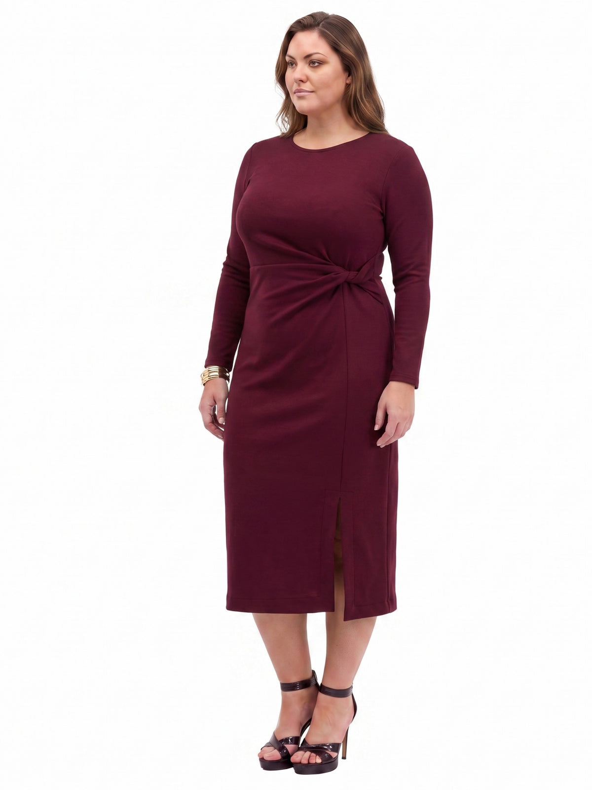 24seven Comfort Essential Curvy Long Sleeve Knot Front Midi Dress