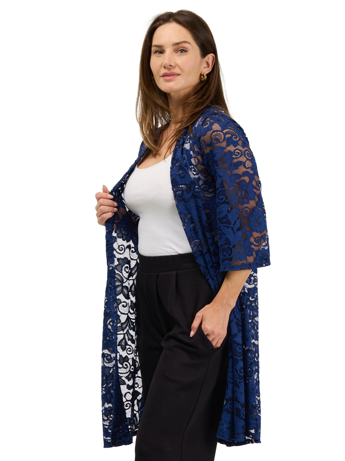 24seven Comfort Elevate Womens Lace Open Front Three-Quarter Sleeves Jacket