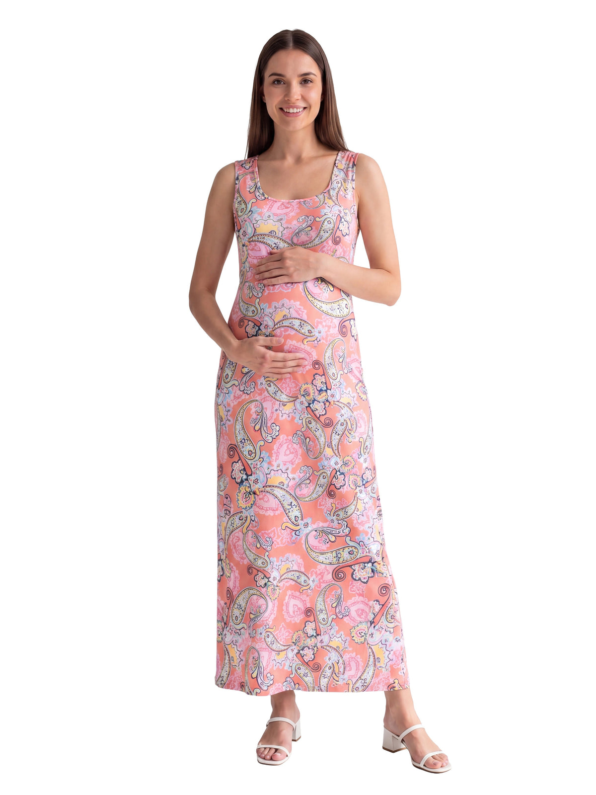 24seven Comfort Essential Maternity Paisley Scoop Neck Sleeveless Racerback Tank Maxi Dress