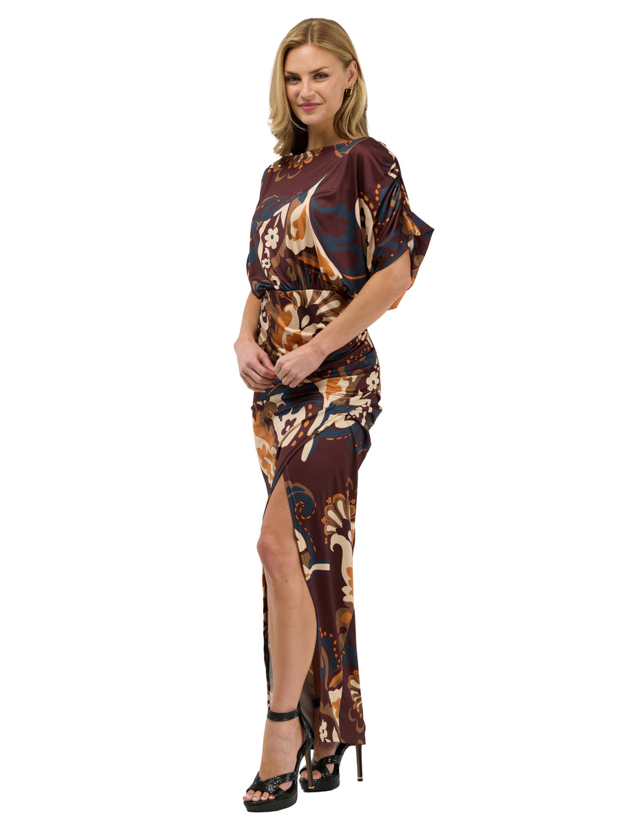 24seven Comfort Elevate Womens Boat Neck Batwing Sleeve Bodycon Front Slit Long Maxi Dress