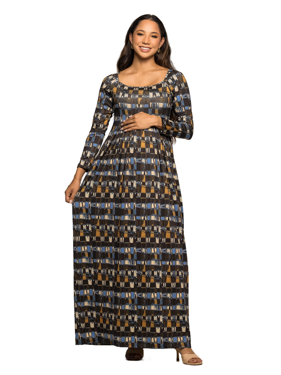 24seven Comfort Essential Maternity Brown Geometric Print Square Neck Long Sleeve Empire Waist Maxi Dress
