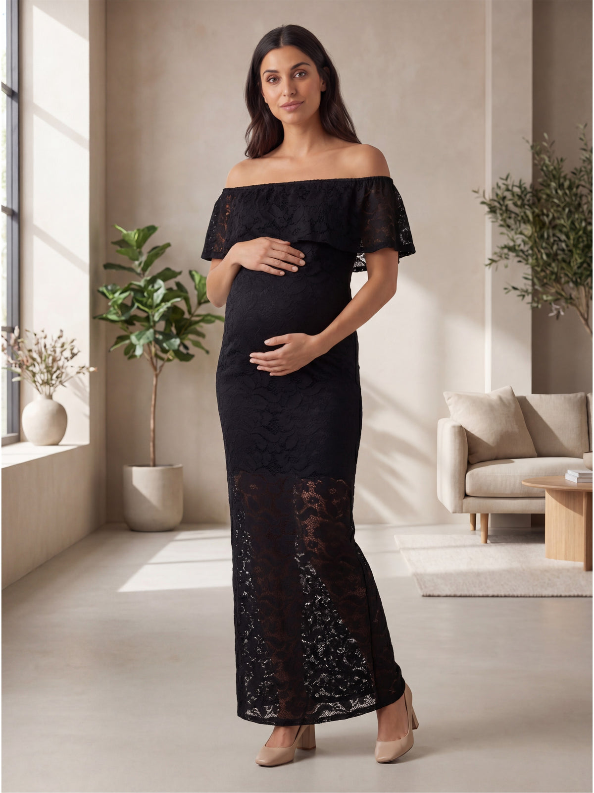 24seven Comfort Elevate Maternity Lace Off the Shoulder Side Slit Bodycon Maxi Dress