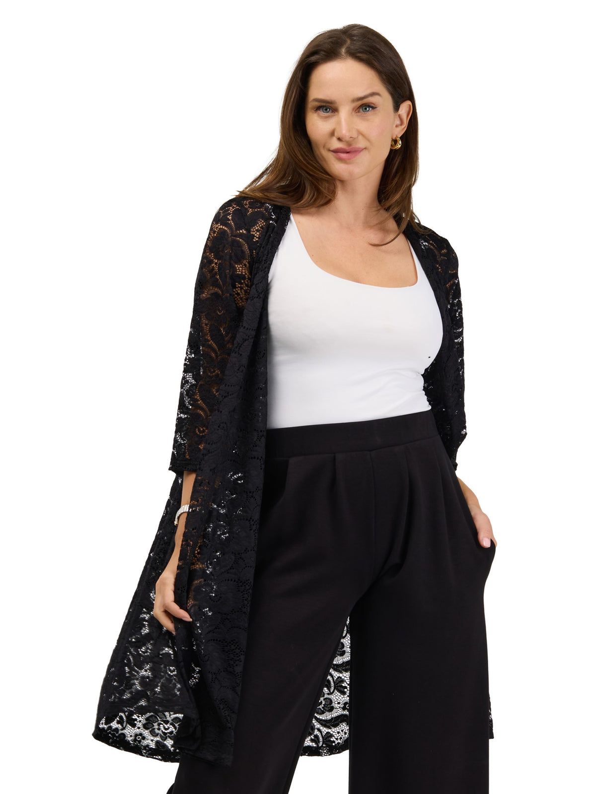 24seven Comfort Elevate Womens Lace Open Front Three-Quarter Sleeves Jacket