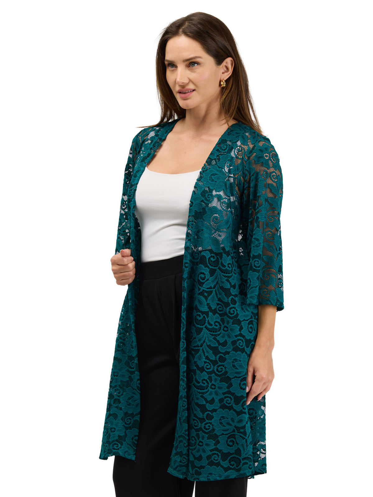 24seven Comfort Elevate Womens Lace Open Front Three-Quarter Sleeves Jacket