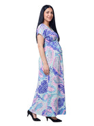 24seven Comfort Essential Maternity Mosaic V Neck Empire Waist Cap Sleeve Maxi Dress