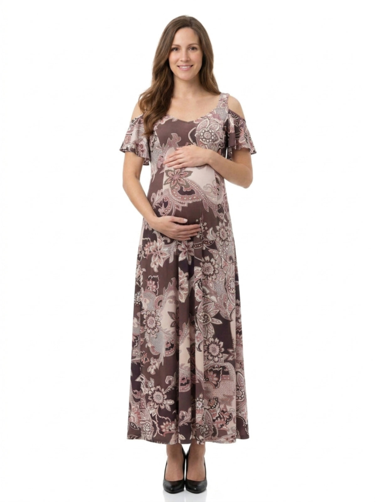 24seven Comfort Elevate Maternity Cold Shoulder with Ruffle Sleeves A Line Floral Maxi Dress