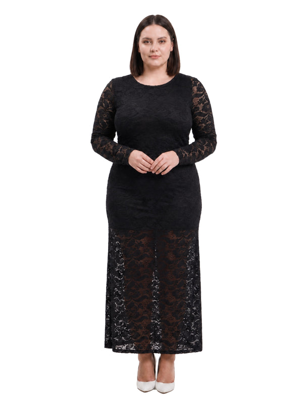 24seven Comfort Elevate Curvy Round Neck Long Sleeve Lace Maxi Dress