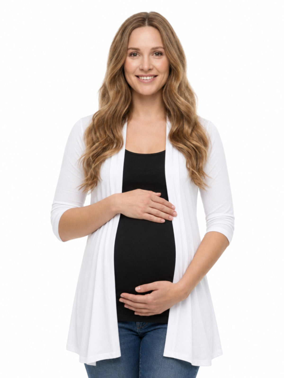 24seven Comfort Basic Maternity Open Front Elbow Sleeve Cascading Drape Loose Fit Jacket