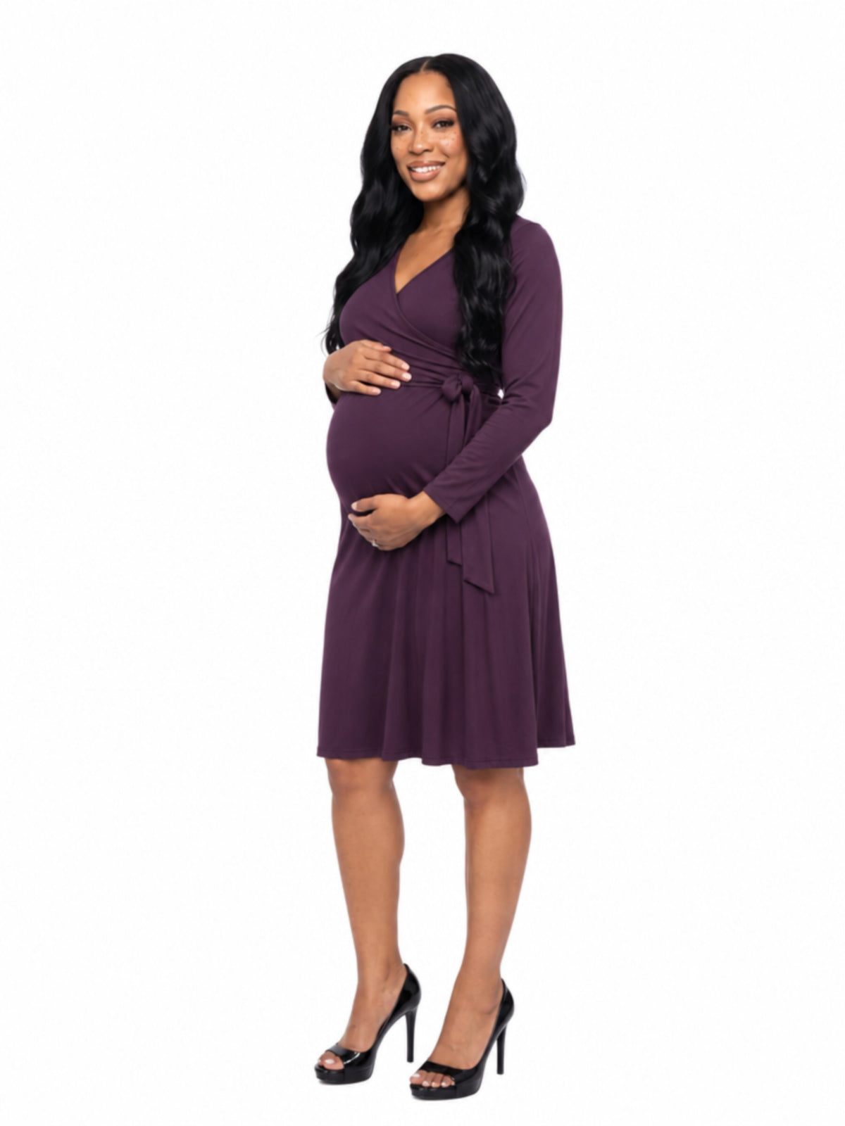 24seven Comfort Essential Maternity V Neck Long Sleeve Belted Faux Wrap Dress