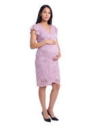 24seven Comfort Elevate Maternity Lace V Neck Flutter Sleeve Faux Wrap Midi Dress