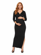 24seven Comfort Elevate Maternity Fitted V Neck Side Slit Faux Wrap Maxi Dress