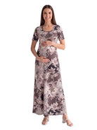 24seven Comfort Essential Maternity Brown Paisley Scoop Neck Elbow Sleeve A Line Maxi Dress