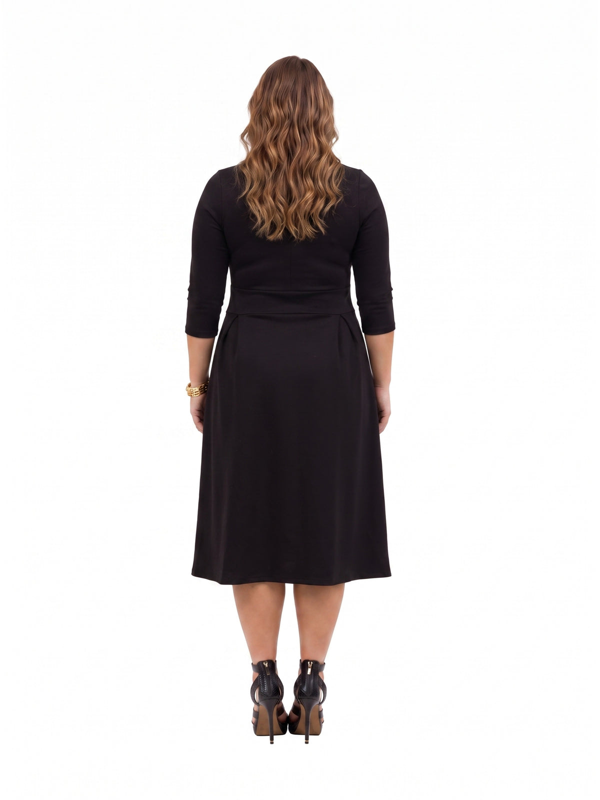 24seven Comfort Essential Curvy Elegant Pleated Three-Quarter Sleeve Midi Dress