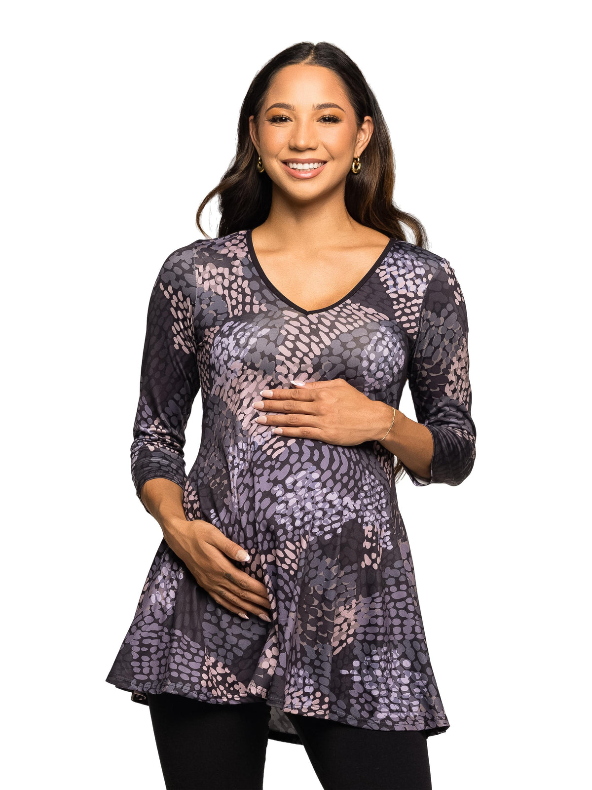 24seven Comfort Essential Maternity Grey Abstract Print V Neck Three Quarter Sleeve A Line Tunic Top