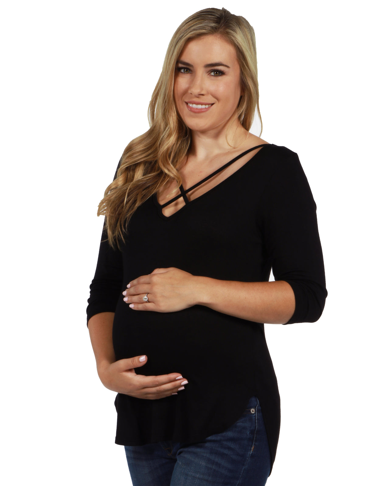 24seven Comfort Essential Maternity Criss Cross Neck Three Quarter Sleeve Round Hemline Tunic Top