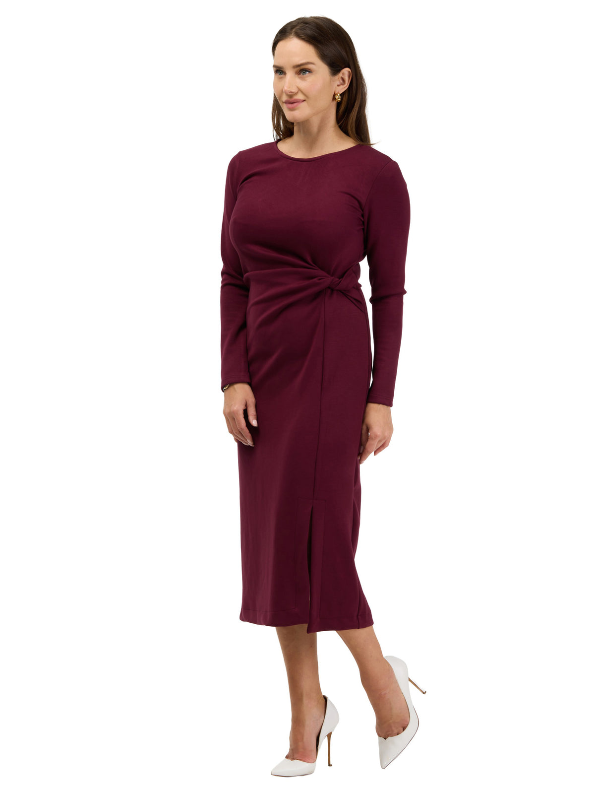24seven Comfort Essential Womens Long Sleeve Knot Front Midi Dress