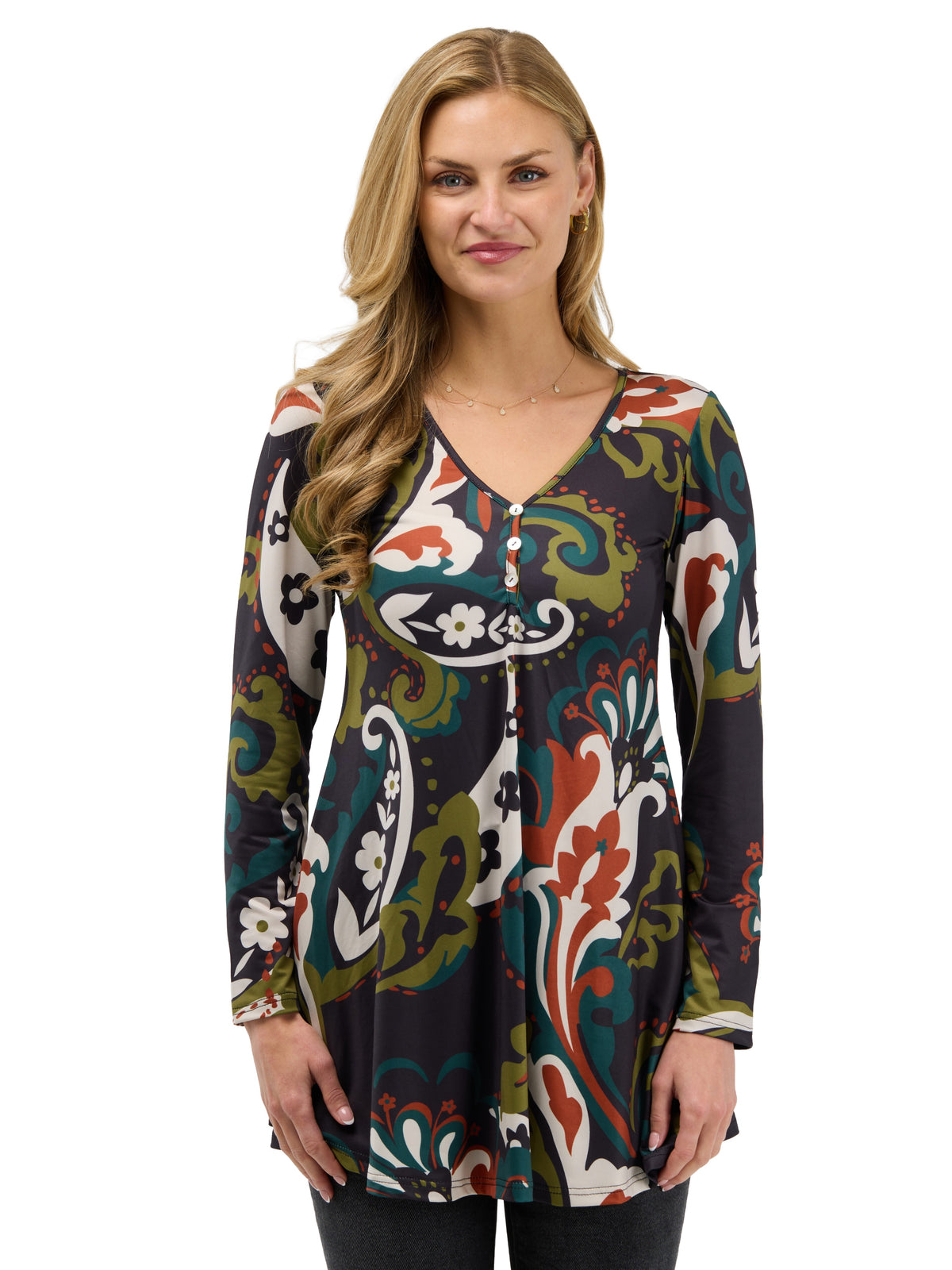 24seven Comfort Essential Womens Paisley Floral Flared Long Sleeve Henley Tunic Top