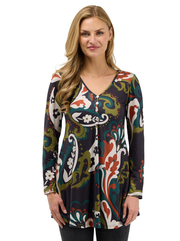 24seven Comfort Essential Womens Paisley Floral Flared Long Sleeve Henley Tunic Top