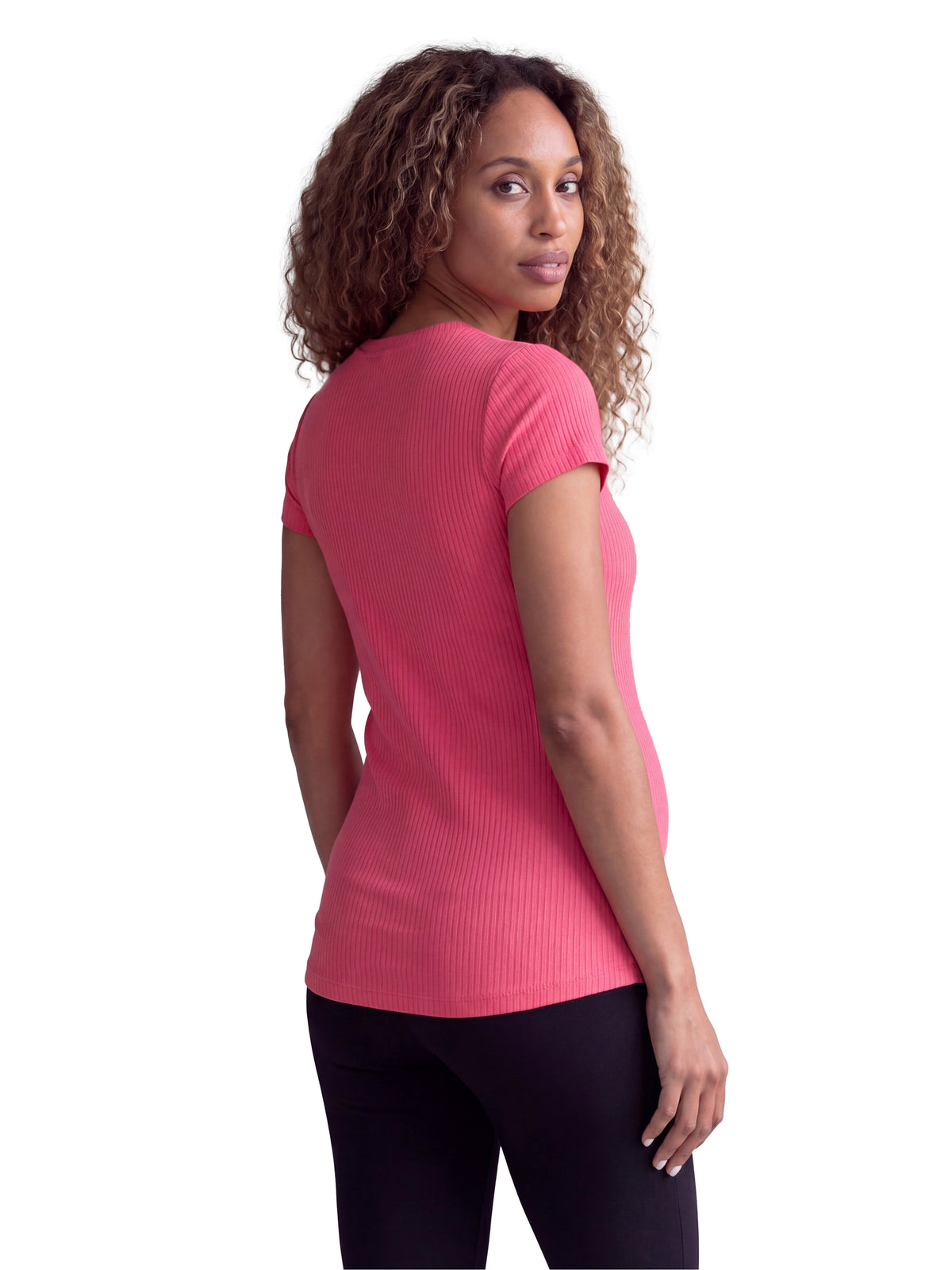 24seven Comfort Basic Maternity Ribbed Knit Round Neck Short Sleeve Top