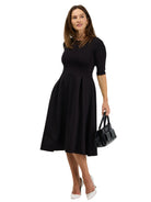 24seven Comfort Essential Womens Elegant Pleated Three-Quarter Sleeve Midi Dress