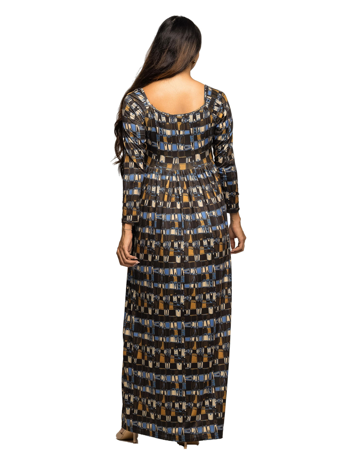 24seven Comfort Essential Maternity Brown Geometric Print Square Neck Long Sleeve Empire Waist Maxi Dress
