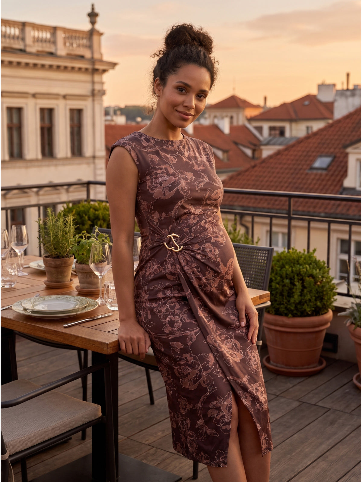 24seven Comfort Elevate Maternity Cap Sleeve Floral Twist Midi Dress