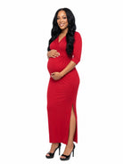 24seven Comfort Elevate Maternity Fitted V Neck Side Slit Faux Wrap Maxi Dress