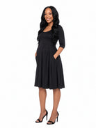 24seven Comfort Essential Maternity Scoop Neck Three Quarter Sleeve Pleated Fit N Flare Pocket Mini Dress