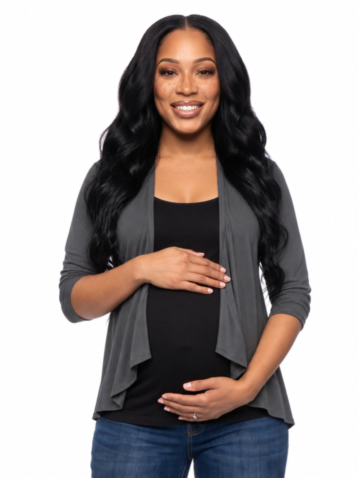 24seven Comfort Basic Maternity Elbow Sleeve Open Front Cascading Shape Jacket
