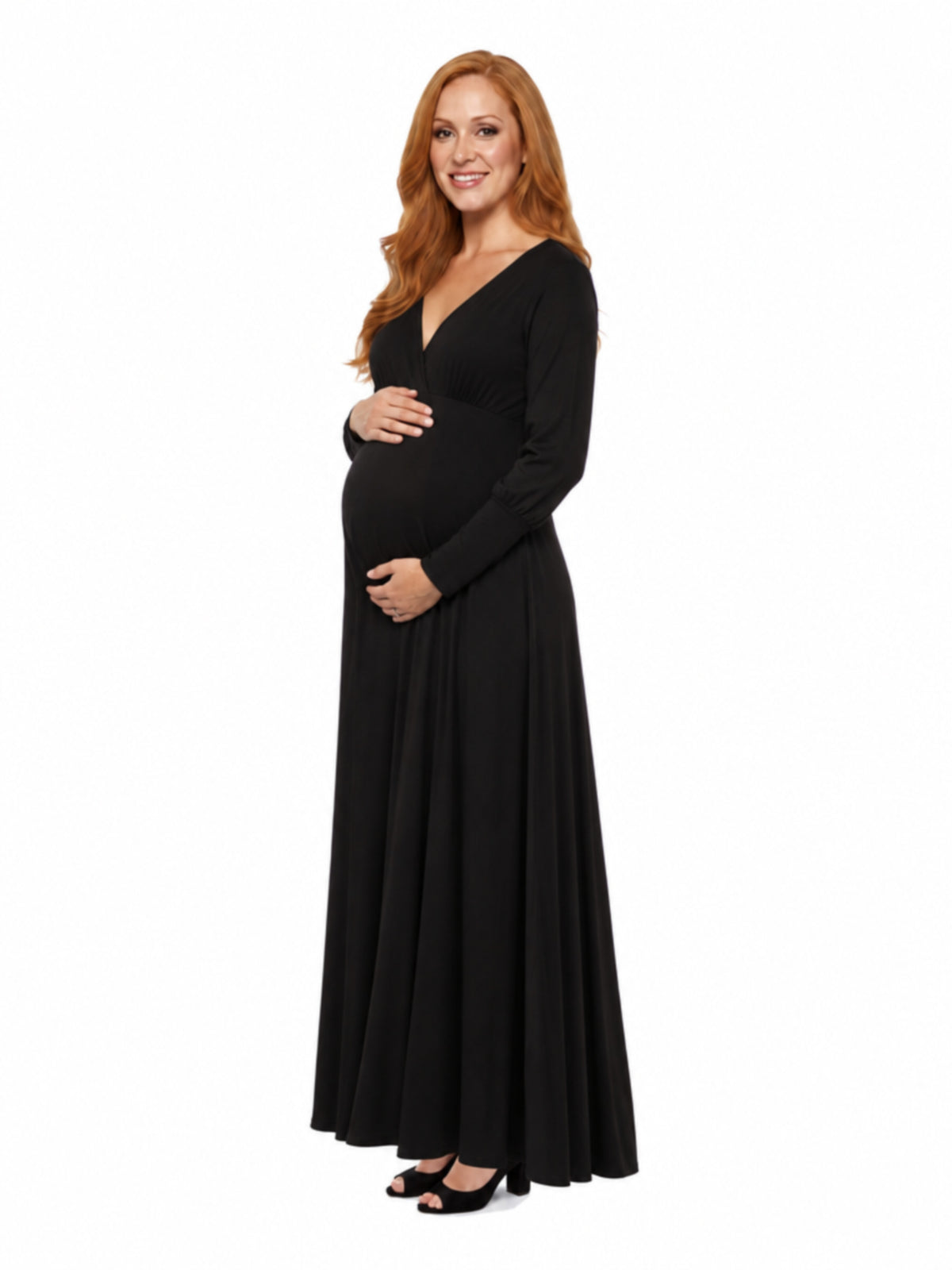 24seven Comfort Elevate Maternity V Neck Empire Waist Long Bishop Sleeve Maxi Dress