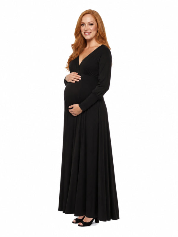 24seven Comfort Elevate Maternity V Neck Empire Waist Long Bishop Sleeve Maxi Dress