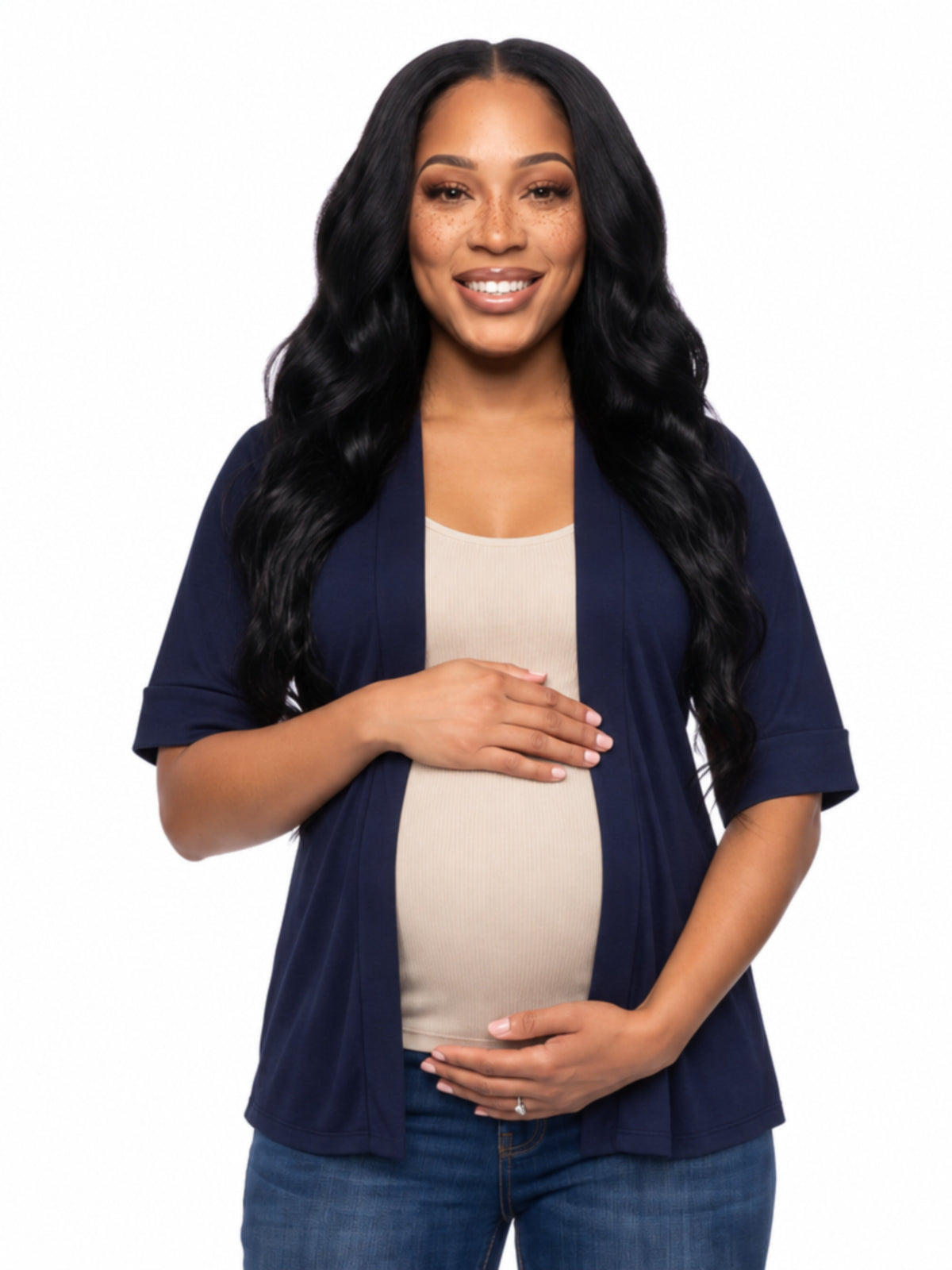 24seven Comfort Basic Maternity Open Front Elbow Sleeve Long Fit Jacket
