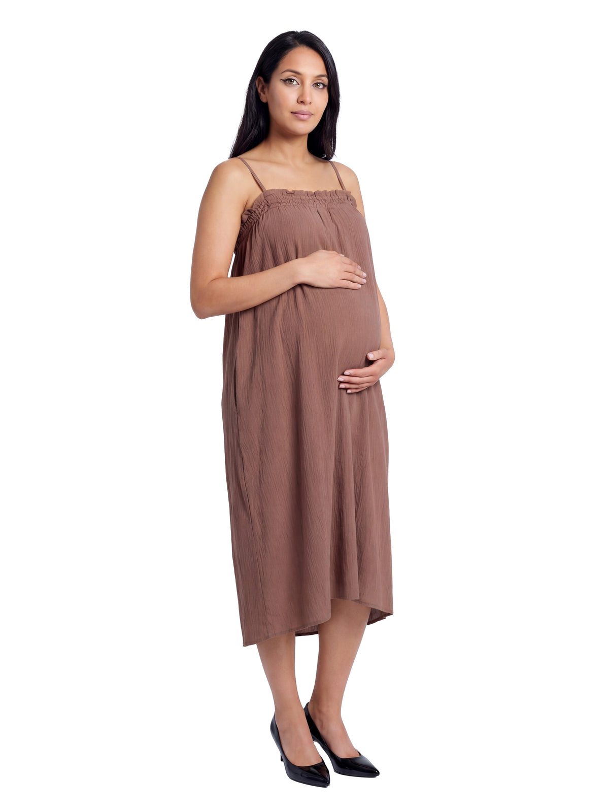 24seven Comfort Essential Maternity Spaghetti Strap Smocked Pocket A Line Maxi Dress