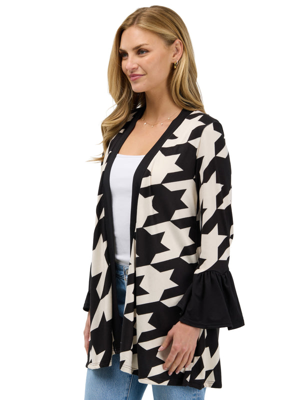 24seven Comfort Essential Womens Geometric Houndstooth Soft Stretch Bell Sleeve Open Front Jacket