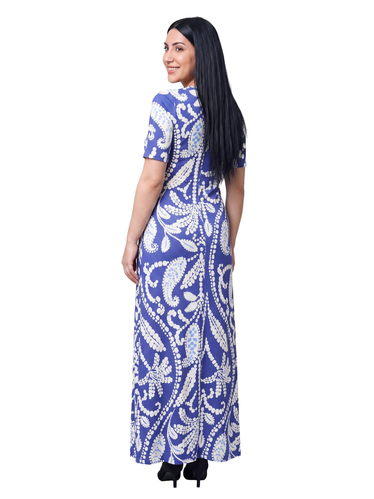 24seven Comfort Essential Maternity Blue Paisley Scoop Neck Elbow Sleeve A Line Maxi Dress