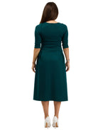 24seven Comfort Essential Womens Elegant Pleated Three-Quarter Sleeve Midi Dress