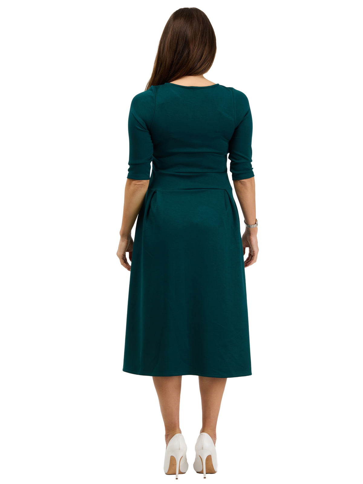 24seven Comfort Essential Womens Elegant Pleated Three-Quarter Sleeve Midi Dress