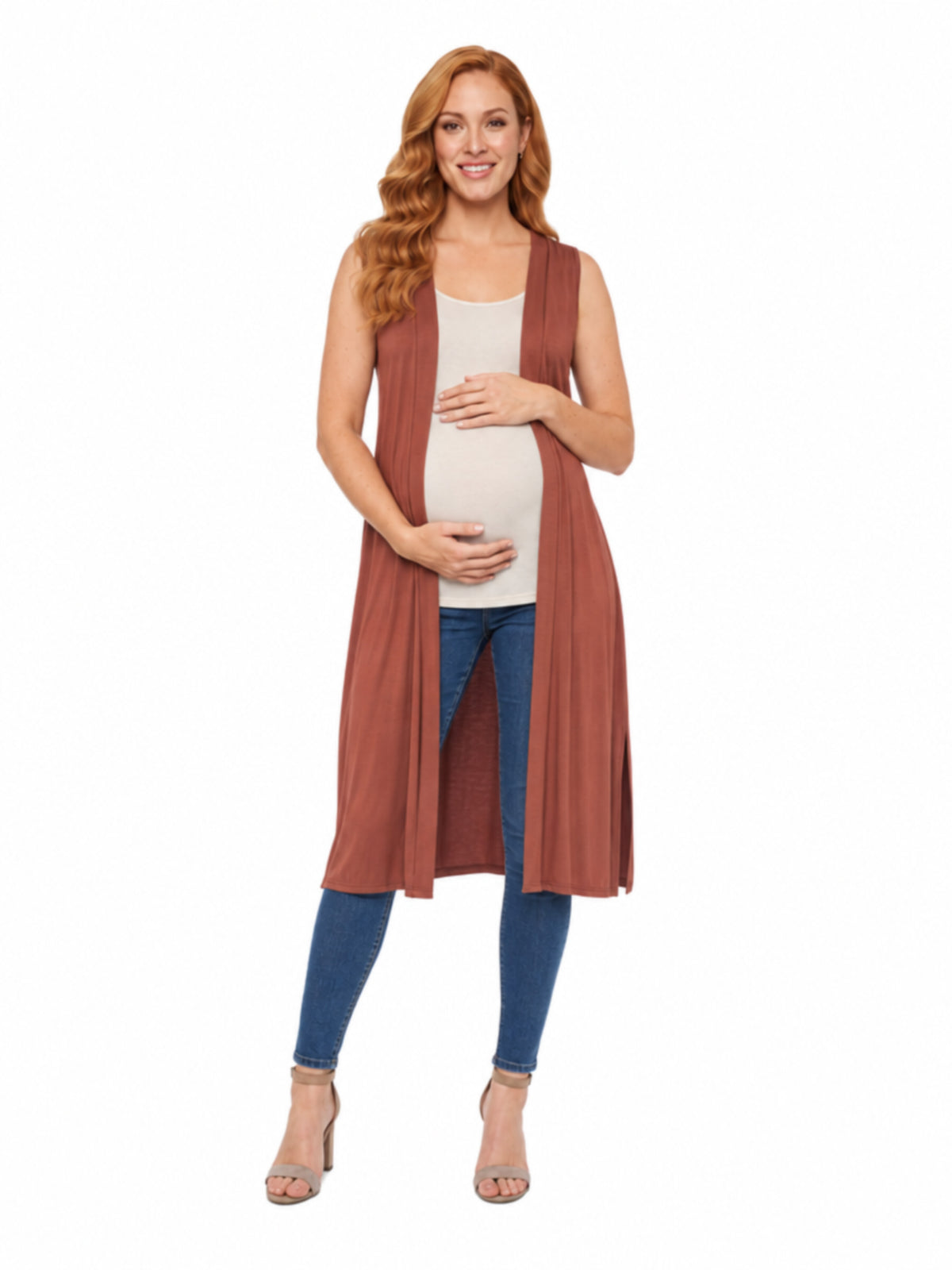 24seven Comfort Basic Maternity Sleeveless Open Front Side Slit Extra Long Jacket