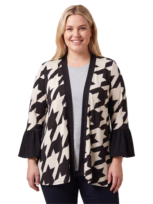 24seven Comfort Essential Curvy Geometric Houndstooth Soft Stretch Bell Sleeve Open Front Jacket