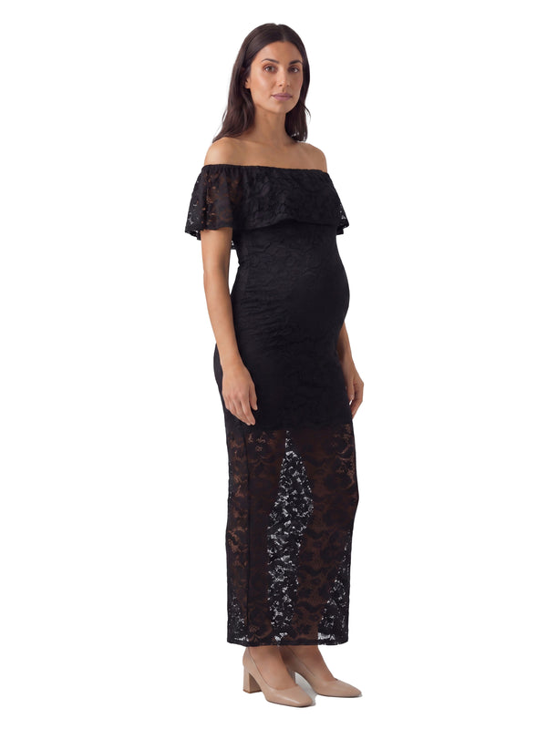 24seven Comfort Elevate Maternity Lace Off the Shoulder Side Slit Bodycon Maxi Dress