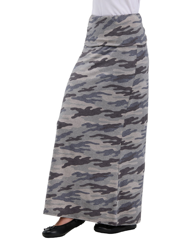 24seven Comfort Essential Womens Soft Stretch Camouflage Elastic Waist Maxi Skirt