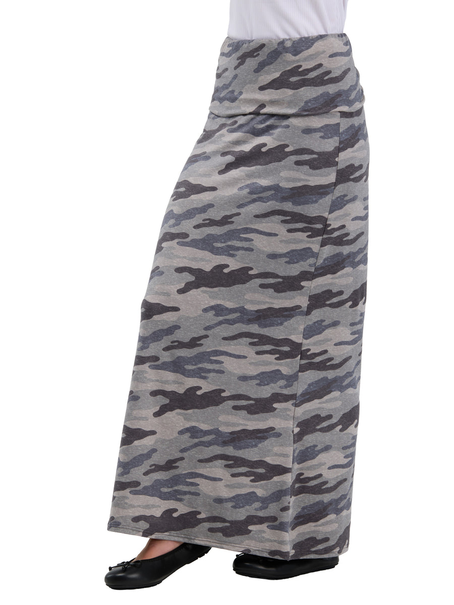 24seven Comfort Essential Womens Soft Stretch Camouflage Elastic Waist Maxi Skirt
