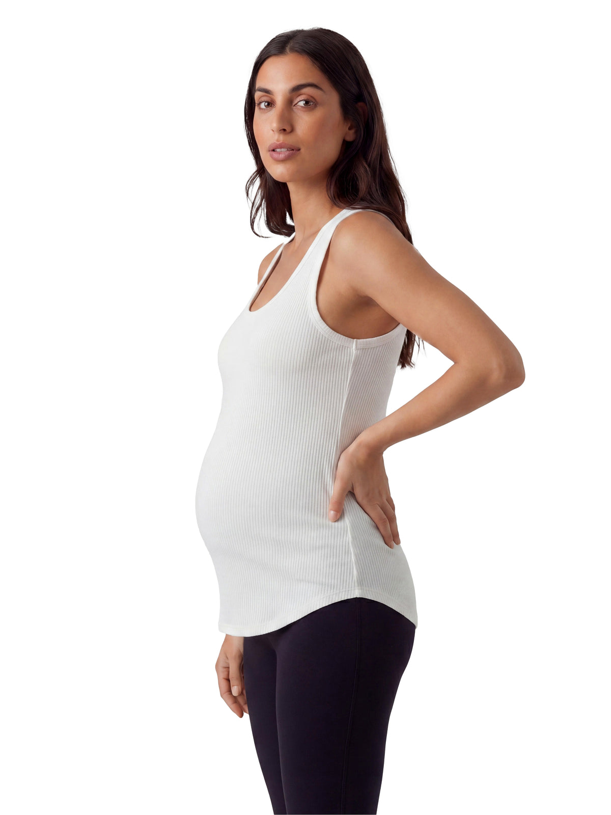 24seven Comfort Basic Maternity Ribbed Knit Sleeveless Scoop Neck Long Flared Tank Top